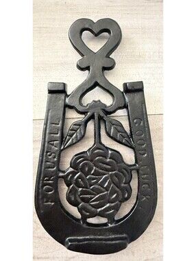 Cast Iron Trivet Flower Hearts Vtg “Good Luck For Us All” Kitchen Decor